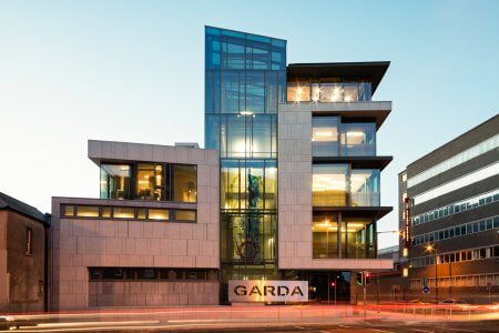 Kevin Street Garda Entrance with large glazed curtain wall